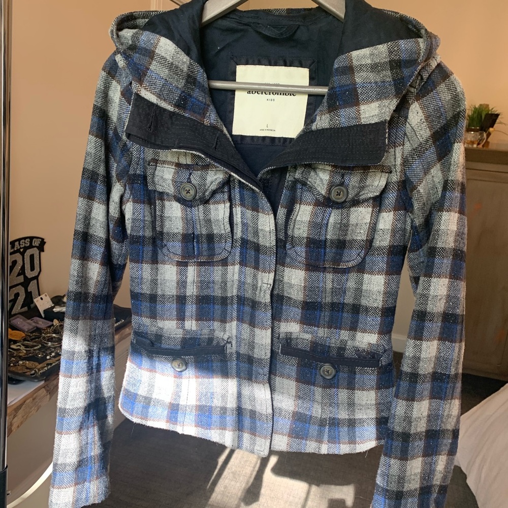 blue, grey, black plaid jacket